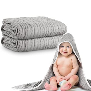 Muslin Cotton Hooded Baby Bath Towel Sets Large 32 x 32 Inch Soft Unisex Bath Towels Bulk for Babies, Toddler, Infant, Newborn, Baby Gifts for Girl Boy (Light Gray, 2 Pieces)