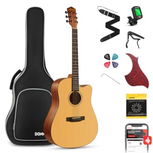 Donner 41â Acoustic Guitar Bundle for Beginners Adults with Online Lesson, 4/4 Full Size Steel Acustica Guitarra with Gig Bag, Tuner, Strap, Strings, Picks, Capos, Cutaway, Natural, DAG-1C/DAD-110C
